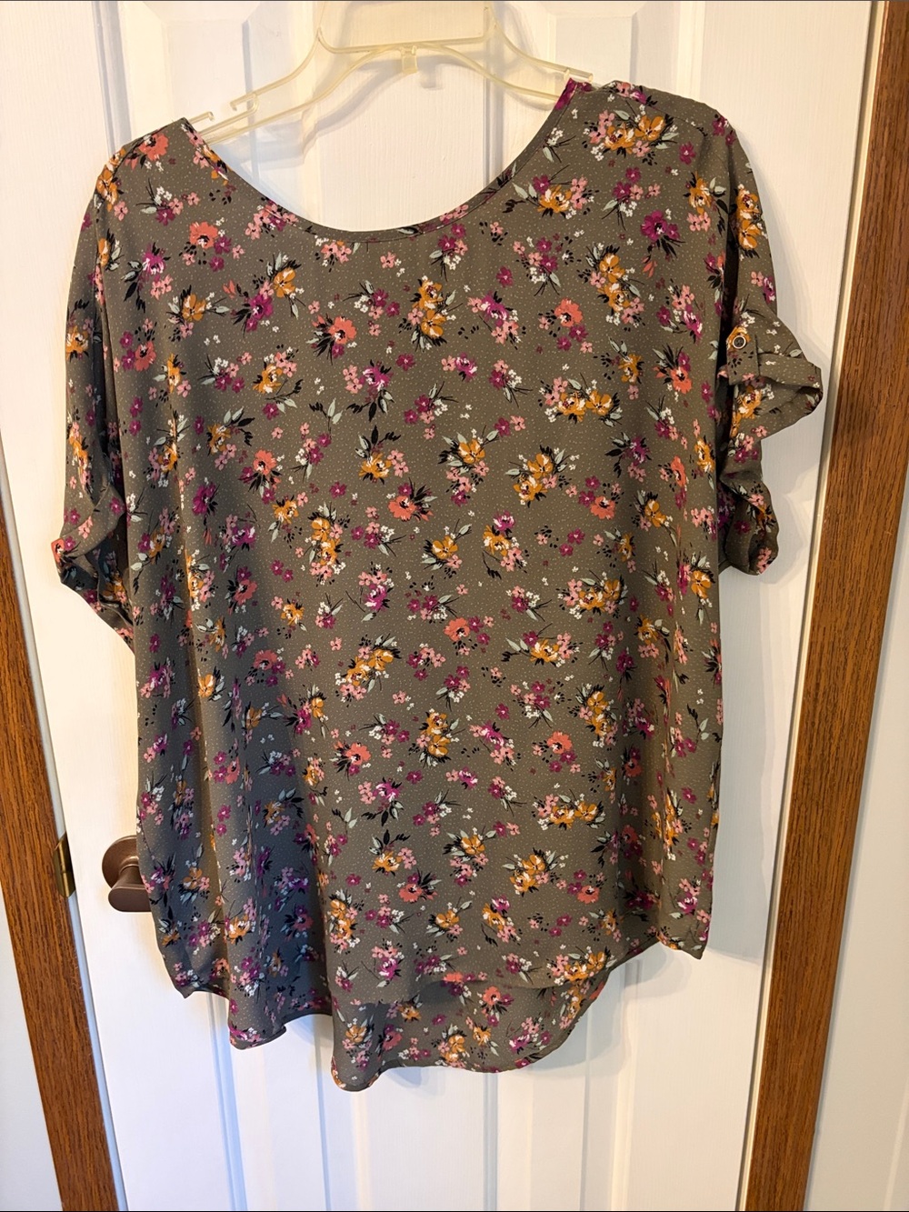 Maurices Olive Floral Short Sleeve Blouse with Pink & Mustard Accents